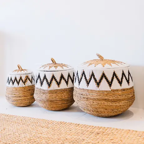 Buy wholesale Laundry basket with lid – Boho laundry basket round – Large Boho basket with lid – Woven basket with embroidery pattern PALEM (3 sizes Ø33/43/55cm)