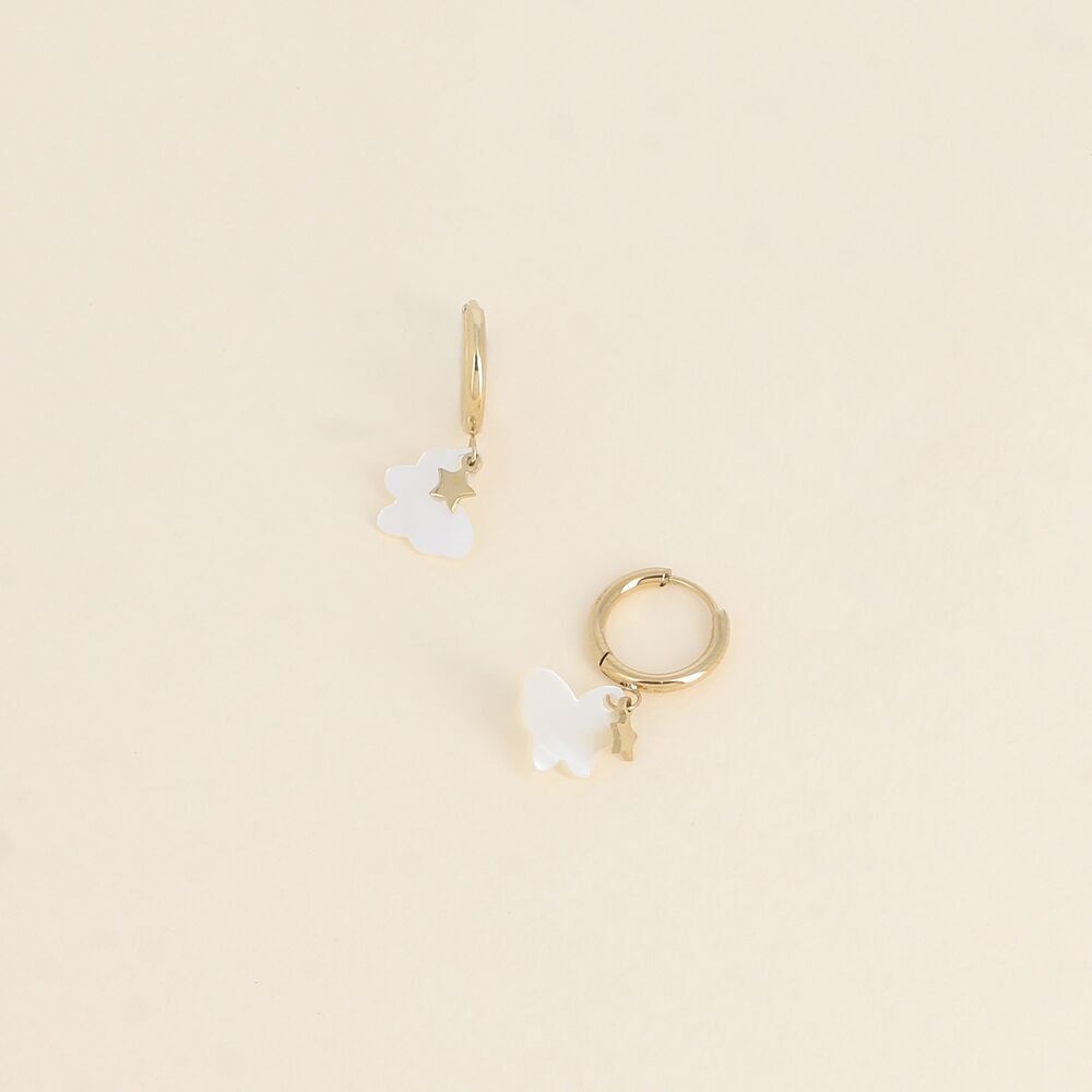 Orecchini a cerchio - toppa in acetato perlato con farfalla e nappa a stella