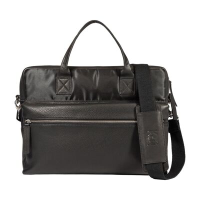 K0043AB | Porte-documents en Nylon imperméable/Cuir véritable pleine fleur à grain clair - Coloris Noir - Pochette interne - Accessoires argentés brillants - Dimensions 39 x 30 x 12 cm - Emballage : sac TNT