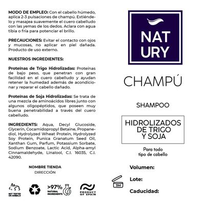 Étiquette adhésive Shampoing au blé et soja hydrolysé en polypropylène (PACK 10 UNITÉS)