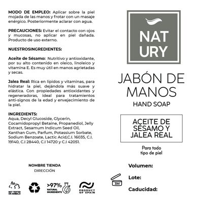 Etiqueta Adhesiva Papel Jabón de Manos Aceite de Sésamo y Jalea Real (PACK 10 UNIDADES)