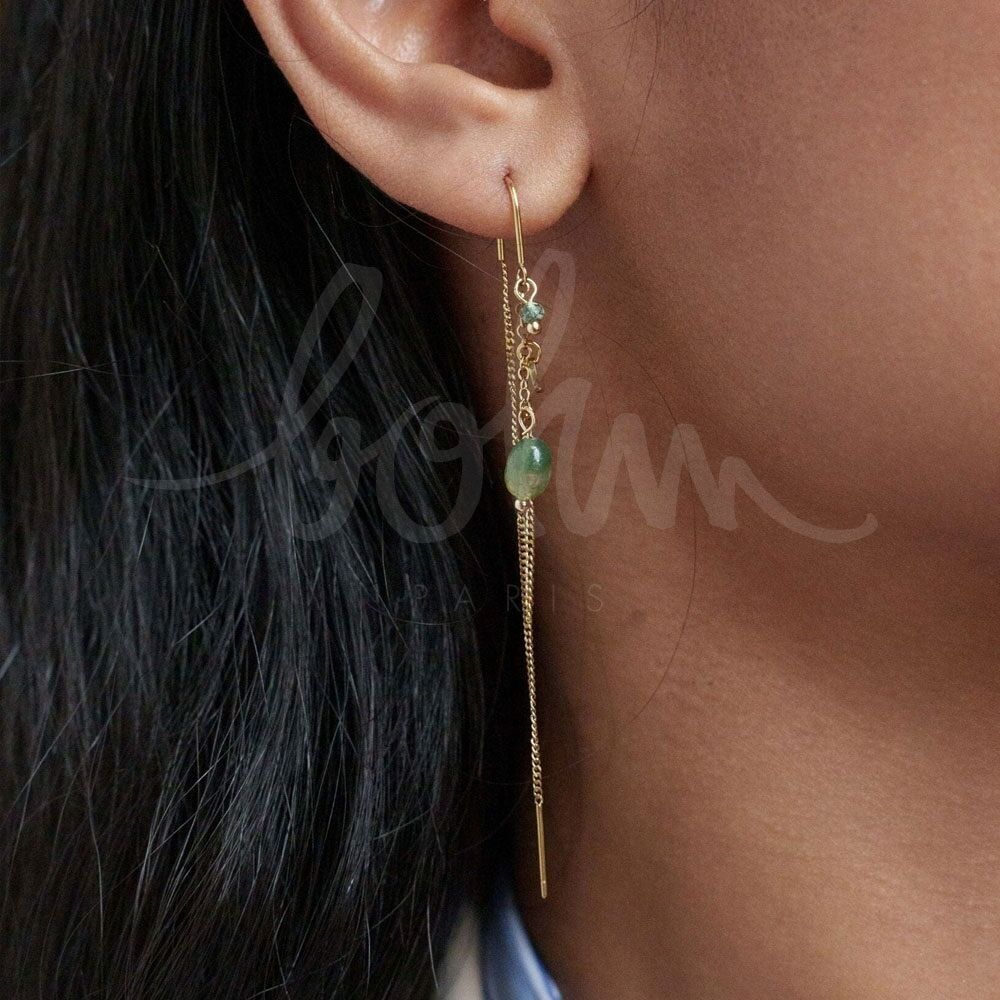 Boucles pendantes Alice - 2 chaînes, pierres naturelles et pampille ronde