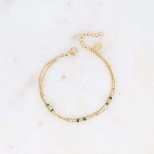 Bracelet 2 rangs - maille miroir, perles cylindriques diamantées et pierres naturelles rondes