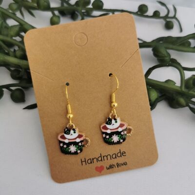 Cats in Tea Cups Earrings Black White Cute