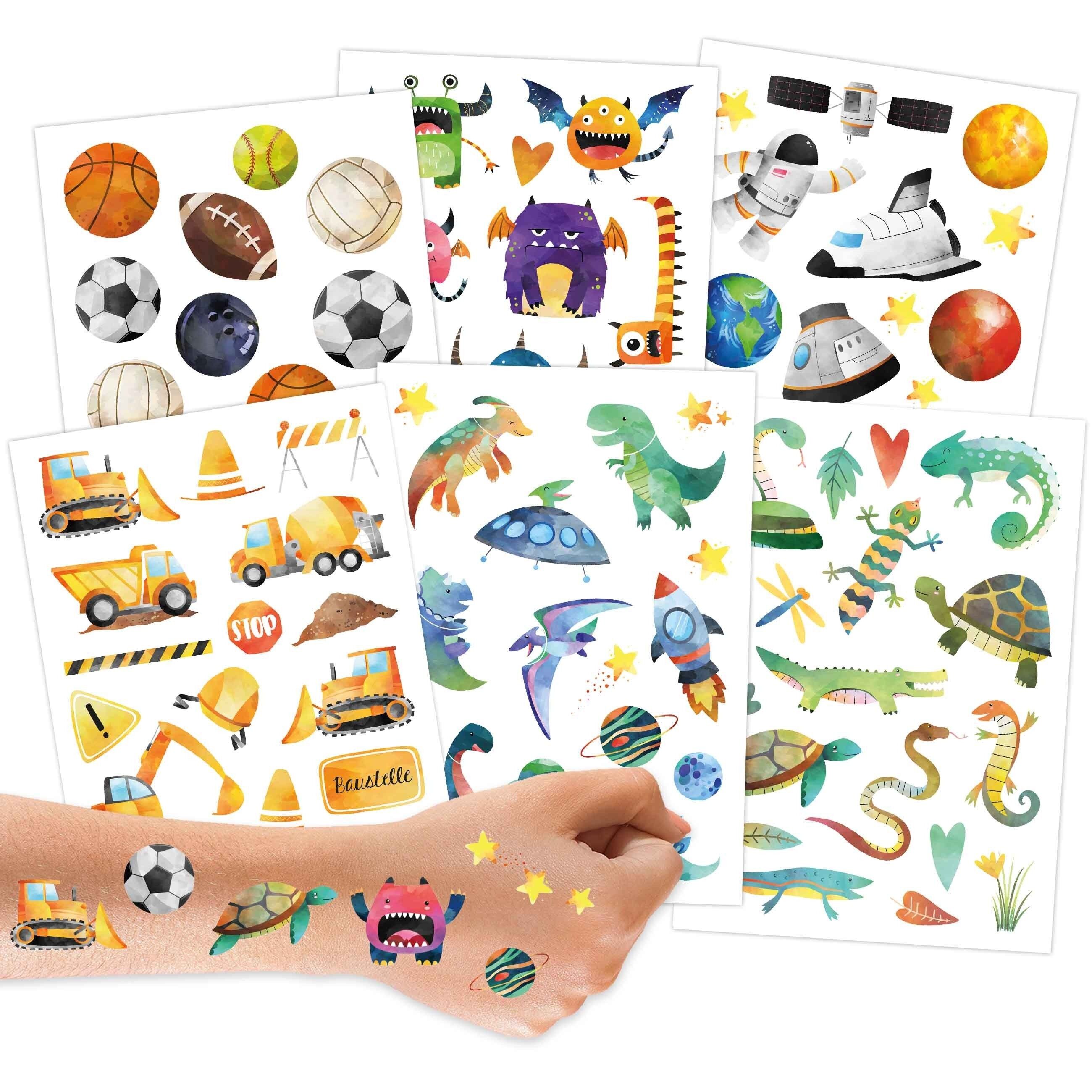 100 Metallic-Tattoos zum Aufkleben - Hautfreundliche Kindertattoos Bagger und Dino - coole Designs - als Geburtstagsmitgebsel oder Geschenkidee - Vegan - in Deutschland hergestellt und geprüft