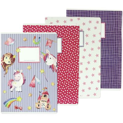 4 cuadernos de ejercicios de alta calidad para niños DIN A4 | 32 páginas rayado y cuadriculado - motivo unicornio - para matrícula escolar para niños de primaria - juego número 2-16 hojas