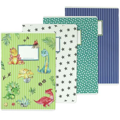 4 high quality exercise books for children DIN A4 | lined and squared 32 pages - motif Dino - for school enrollment for primary school students - set number 4 - 16 sheets