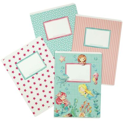 4 high quality exercise books for children DIN A5 | ruled and squared 32 pages - mermaid motif - for school enrollment for primary school children - set number 1 - 16 sheets