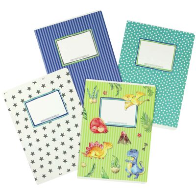 4 high quality exercise books for children DIN A5 | lined and squared 32 pages - motif Dino - for school enrollment for primary school students - set number 4 - 16 sheets
