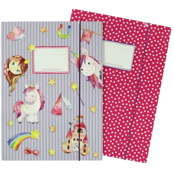 2 classeurs scolaires de haute qualité pour enfants DIN A4 | Motif licorne - dossier postal pour élèves du primaire - collectionneur d'agrafes - piqueuse à cheval - set numéro 2 1