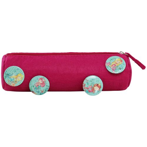 Federmäppchen mit 4 Buttons für Jungen und Mädchen | Filzmäppchen in pink mit Meerjungfrau-Motiv ideal als Geschenk zur Einschulung | Schulmäppchen Set Nr 1