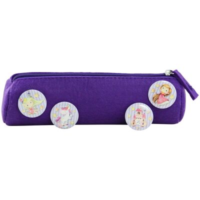 Federmäppchen mit 4 Buttons für Jungen und Mädchen | Filzmäppchen in lila mit Prinzessin & Einhorn-Motiv ideal als Geschenk zur Einschulung | Schulmäppchen Set Nr 2