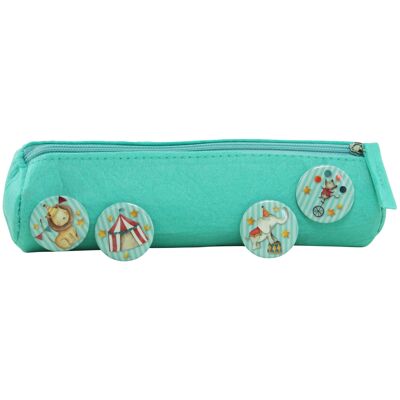 Trousse à 4 boutons pour garçons et filles | Étui en feutre turquoise avec un motif de cirque idéal comme cadeau pour l'inscription à l'école | Coffret scolaire n°3