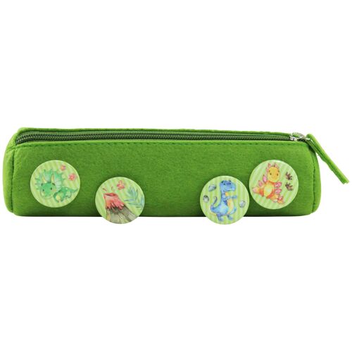 Federmäppchen mit 4 Buttons für Jungen und Mädchen | Filzmäppchen in grün mit Dinosaurier-Motiv ideal als Geschenk zur Einschulung | Schulmäppchen Set Nr 4