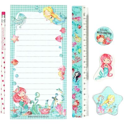 Set d'écriture 6 pièces pour les enfants du primaire | Motif sirène | avec crayon, taille-crayon, règle, gomme, bloc et bouton | Idée cadeau pour l'inscription scolaire | Cadeau pour la fête d'anniversaire des enfants | Ensemble 1
