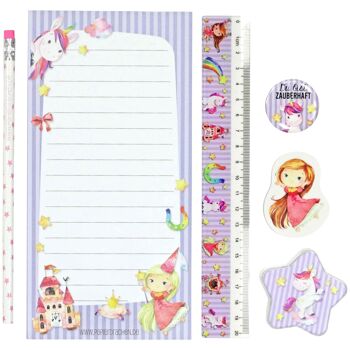 Set d'écriture 6 pièces pour les enfants du primaire | Motif licorne | avec crayon, taille-crayon, règle, gomme, bloc et bouton | Idée cadeau pour l'inscription scolaire | Cadeau pour la fête d'anniversaire des enfants | Ensemble 2 1