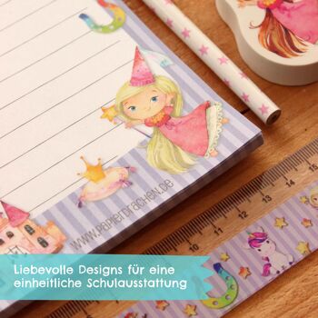 Set d'écriture 6 pièces pour les enfants du primaire | Motif licorne | avec crayon, taille-crayon, règle, gomme, bloc et bouton | Idée cadeau pour l'inscription scolaire | Cadeau pour la fête d'anniversaire des enfants | Ensemble 2 3