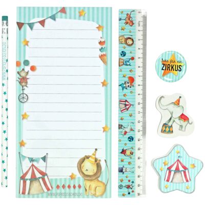 6-piece writing set for primary school children | Circus motif | with pencil, sharpener, ruler, eraser, pad & button | Gift idea for school enrollment | Giveaway for children's birthday party | Set 3