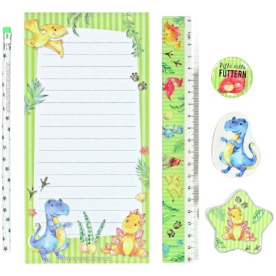 Set scrittura 6 pezzi per bambini della scuola primaria | Motivo Dino | con matita, temperino, righello, gomma, pad e bottone | Idea regalo per l'iscrizione alla scuola | Giveaway per la festa di compleanno dei bambini | Imposta 4