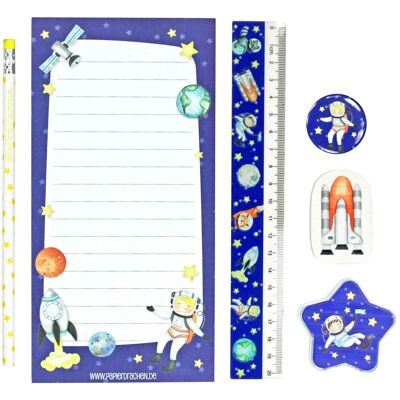 6-teiliges Schreibset für Grundschul Kinder | Astronaut-Motiv | mit Bleistift Spitzer Lineal Radierer Schreibblock & Button | Geschenkidee zur Einschulung | Mitgebsel für Kindergeburtstag | Set 5
