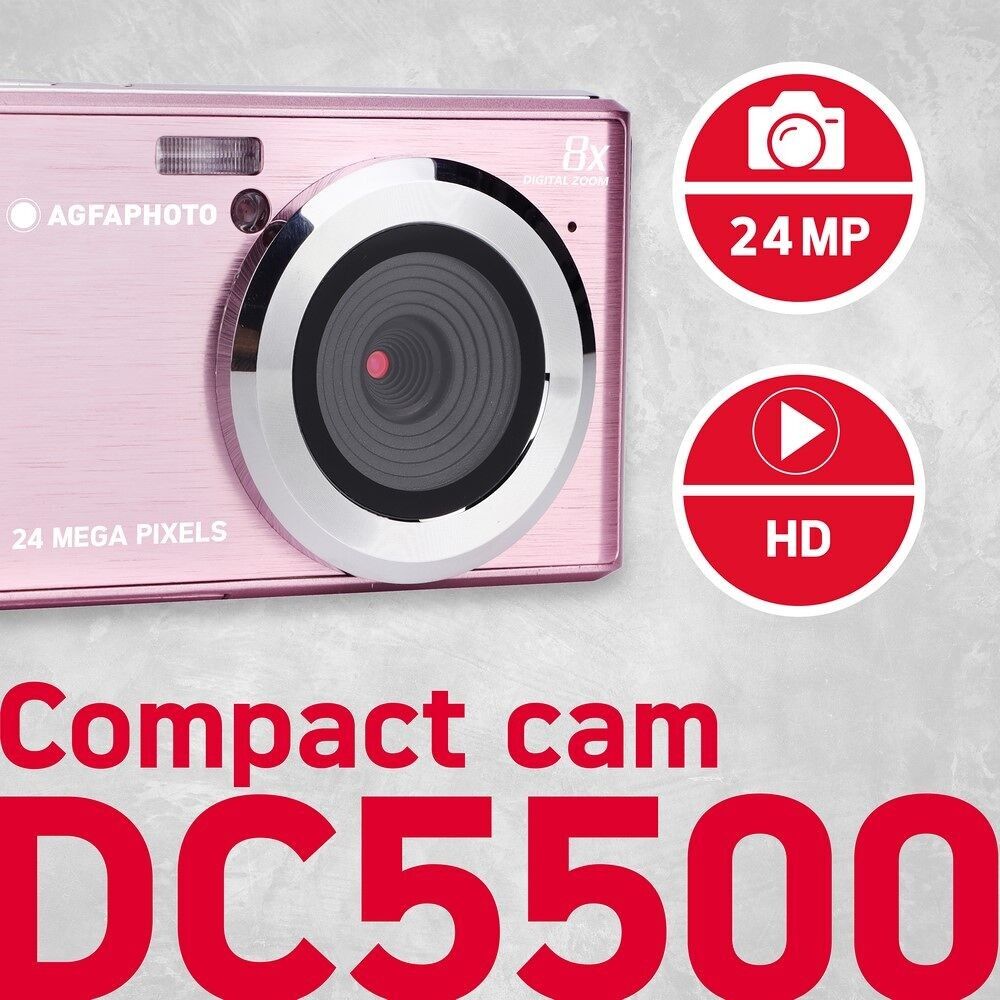 AGFA Photo Realishot DC5500 - Appareil Photo Numérique Compact, 24 MP, 2.4'' LCD, Zoom Digital 8X, Batterie Lithium - Rose - Rose