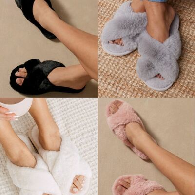 Chaussons croisés blancs en fausse fourrure pour femme (lot de 12 paires, tailles UK3-UK8)