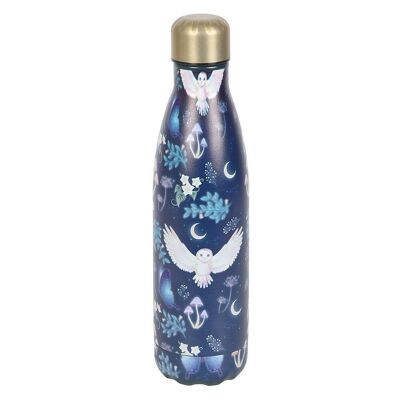 Botella de agua de metal con estampado de búho en vuelo nocturno