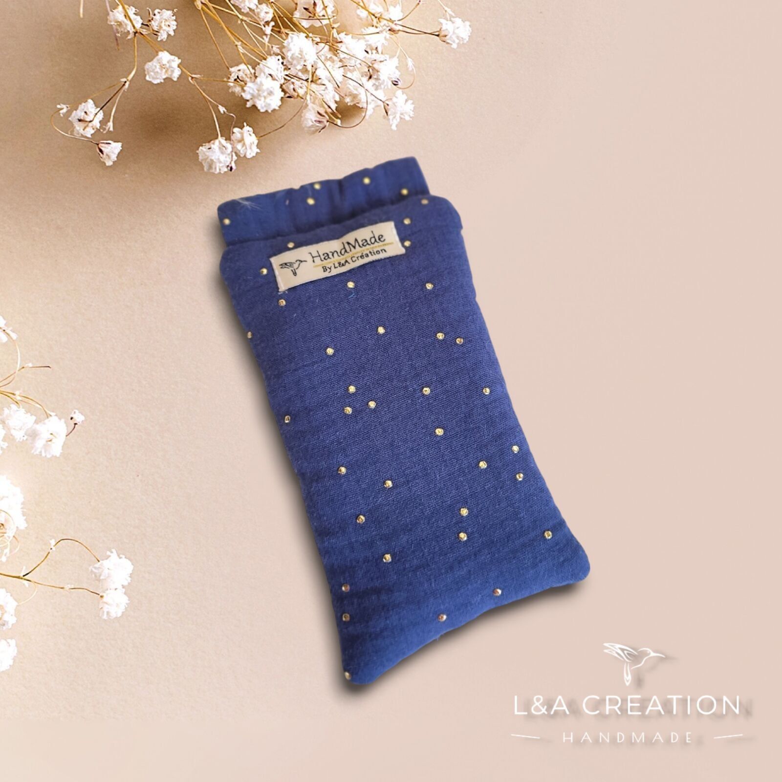 Flip-Brillenetui, gepolstert, platzsparend, Stoff und Farbe nach Wahl – Baumwollgaze mit goldenen Punkten