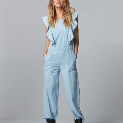 Amanda Denim Jumpsuit with Ruffles and Cinched Waist