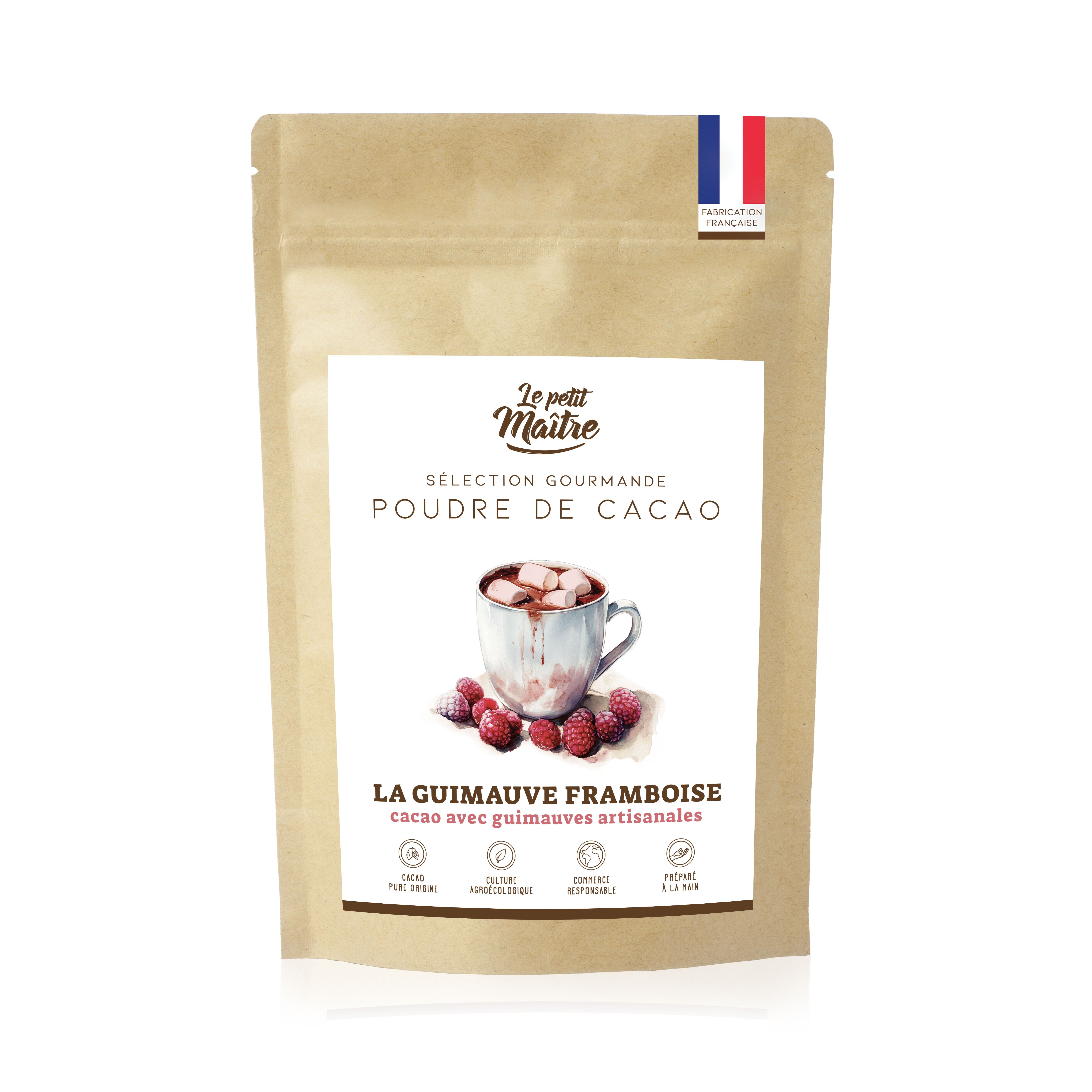 Poudre de cacao et minis guimauves à la framboise