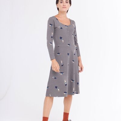 Robe Cynthia jupe midi grise imprimée dansant dans le cosmos.