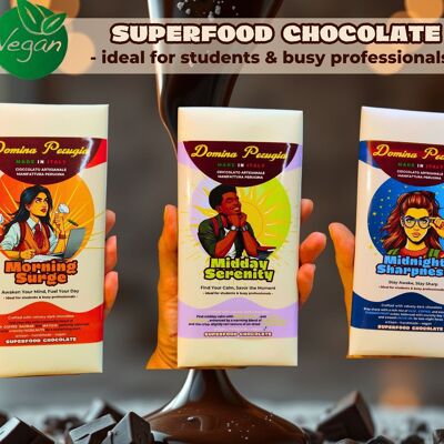 Kit de supervivencia para exámenes - Caja de 3 barras de chocolate negro - Vuelta al cole - Superalimento Vegano Vegetariano
