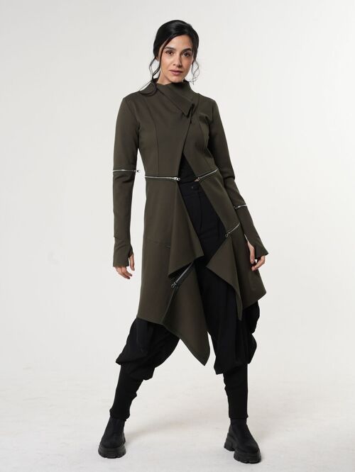 Extravagant Coat With Zippers In Khaki