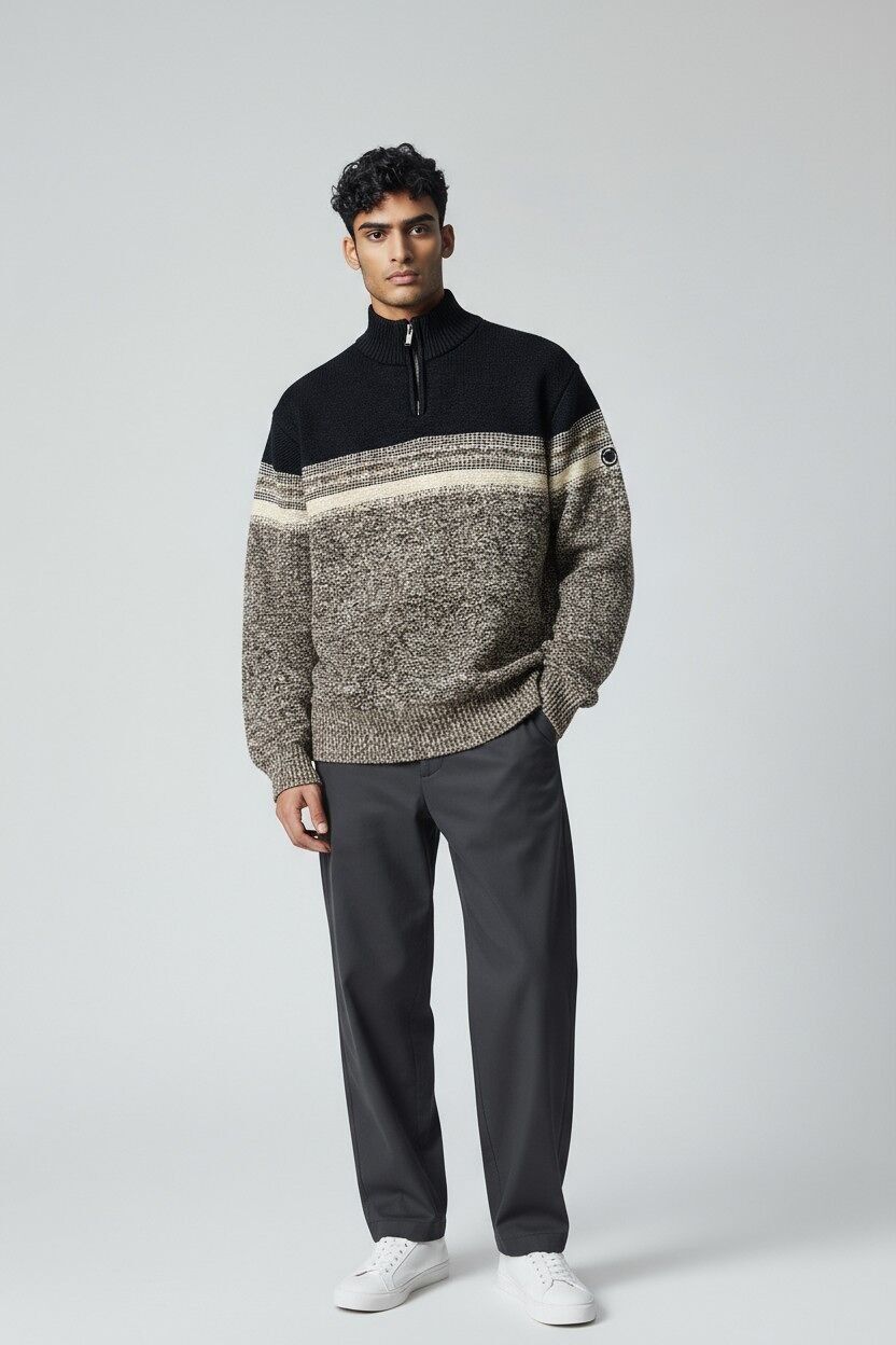 Fleece bonded zip neck band sweater 60979