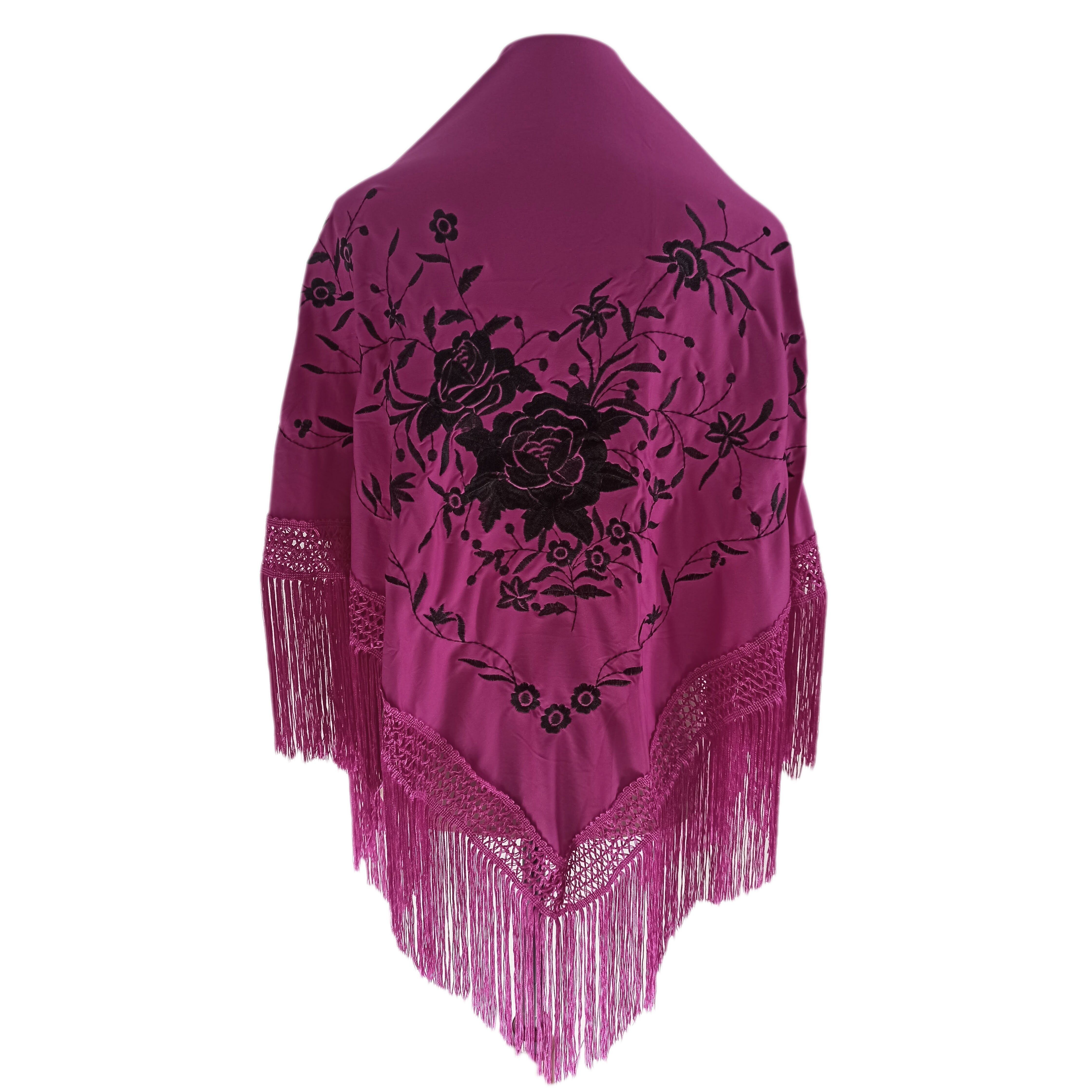 Grande scialle flamenco ricamato Bougainvillea nera (175 x 85 cm)