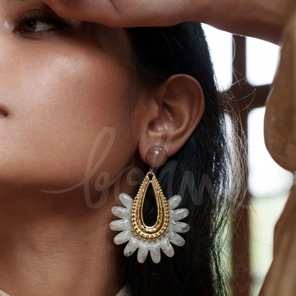 Garance pendant earrings - acetate, milgrain drop and floral piece