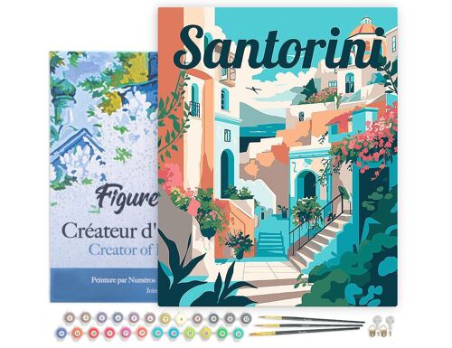 Peinture par Numéro Kit DIY - Affiche de voyage Santorin en fleurs - toile tendue sur châssis