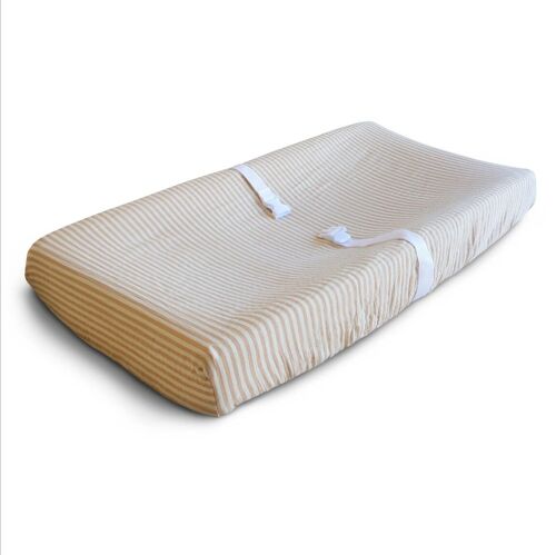 Mushie - Housse de Matelas à langer lavable - 81x41 cm - Trous pour sangles de sécurité - Coloris Natural Stripes