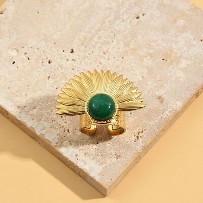 Anello Dorato A Petali Grandi Con Pietra Verde Regolabile