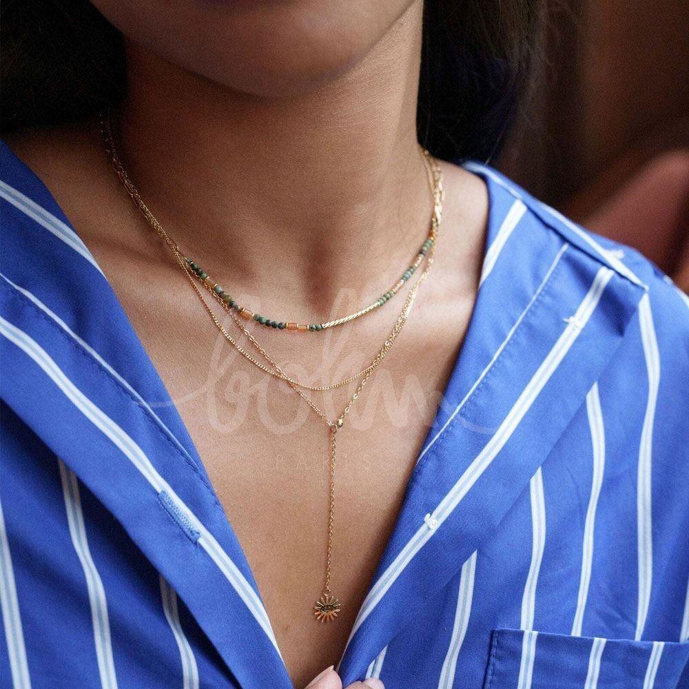 Arthémice mehrreihige Halskette – 3 Reihen, Panzerkette, Y-Sträfling, Natursteine ​​und gestreifte Röhrenperle, durchbrochener Augenanhänger