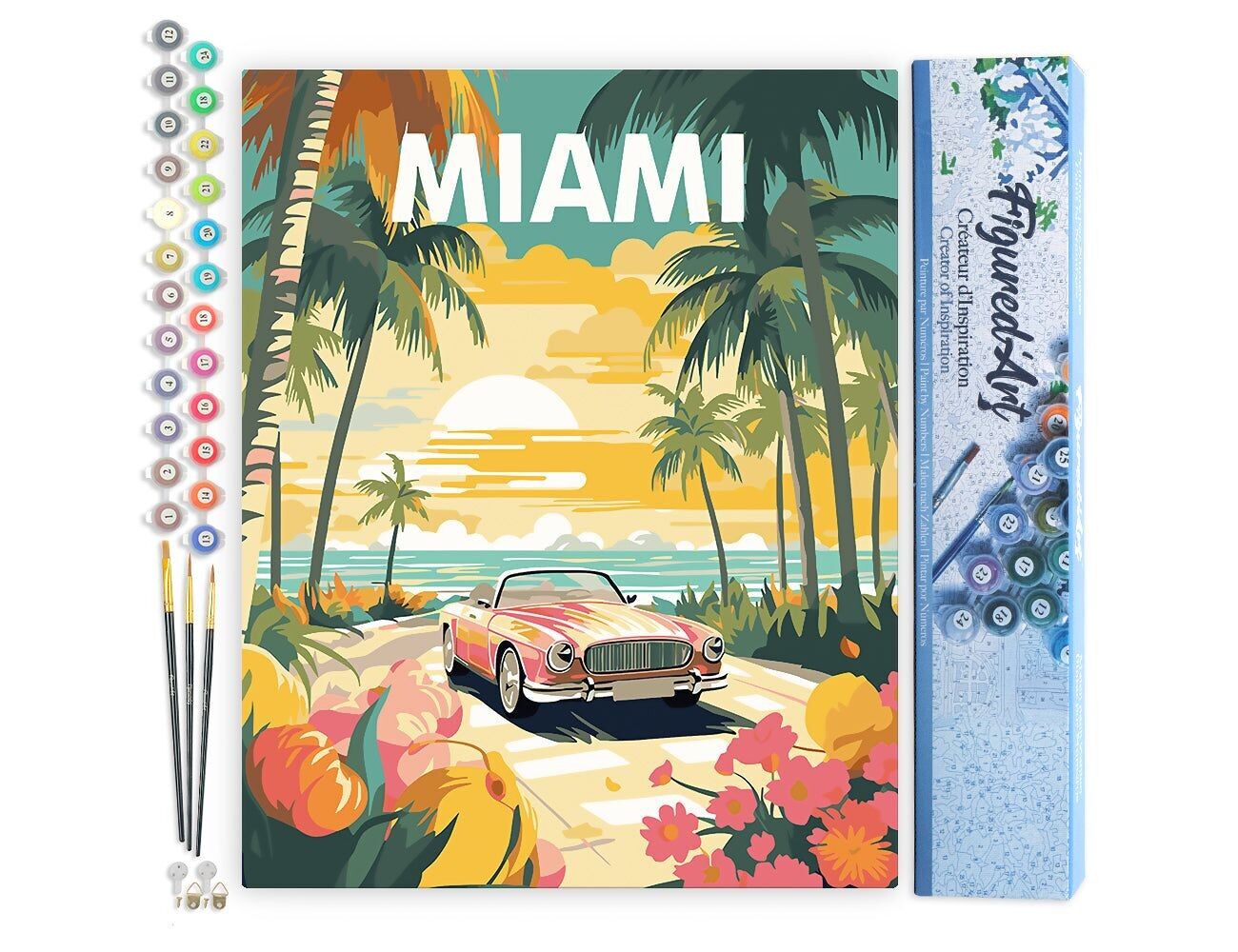 Malen nach Zahlen DIY-Set – Miami Sunset Reiseposter – Gerollte Leinwand
