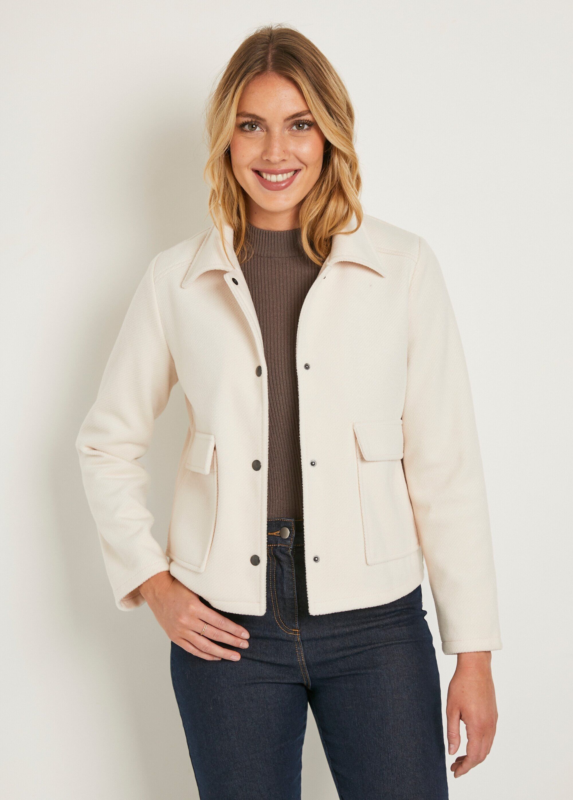 Jacke aus gepresstem Stoff in Wolloptik in Ecru