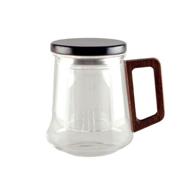 Taza de cristal con filtro, tapa y mango de madera 9.5 x 13.5 x 11.5cm