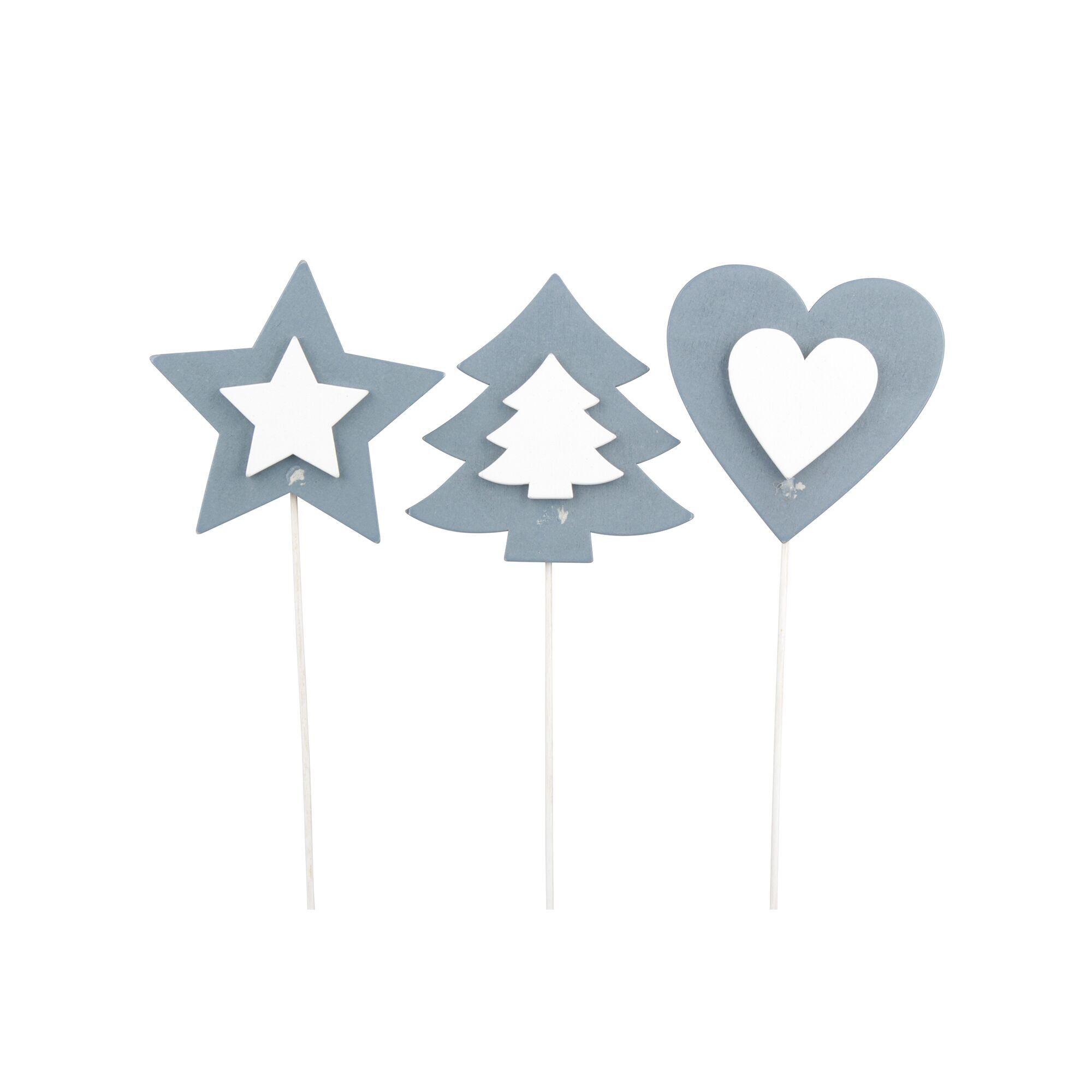 Holz Sortiment Double, zum Stecken, 3 Motive, H8cm, grau-weiß