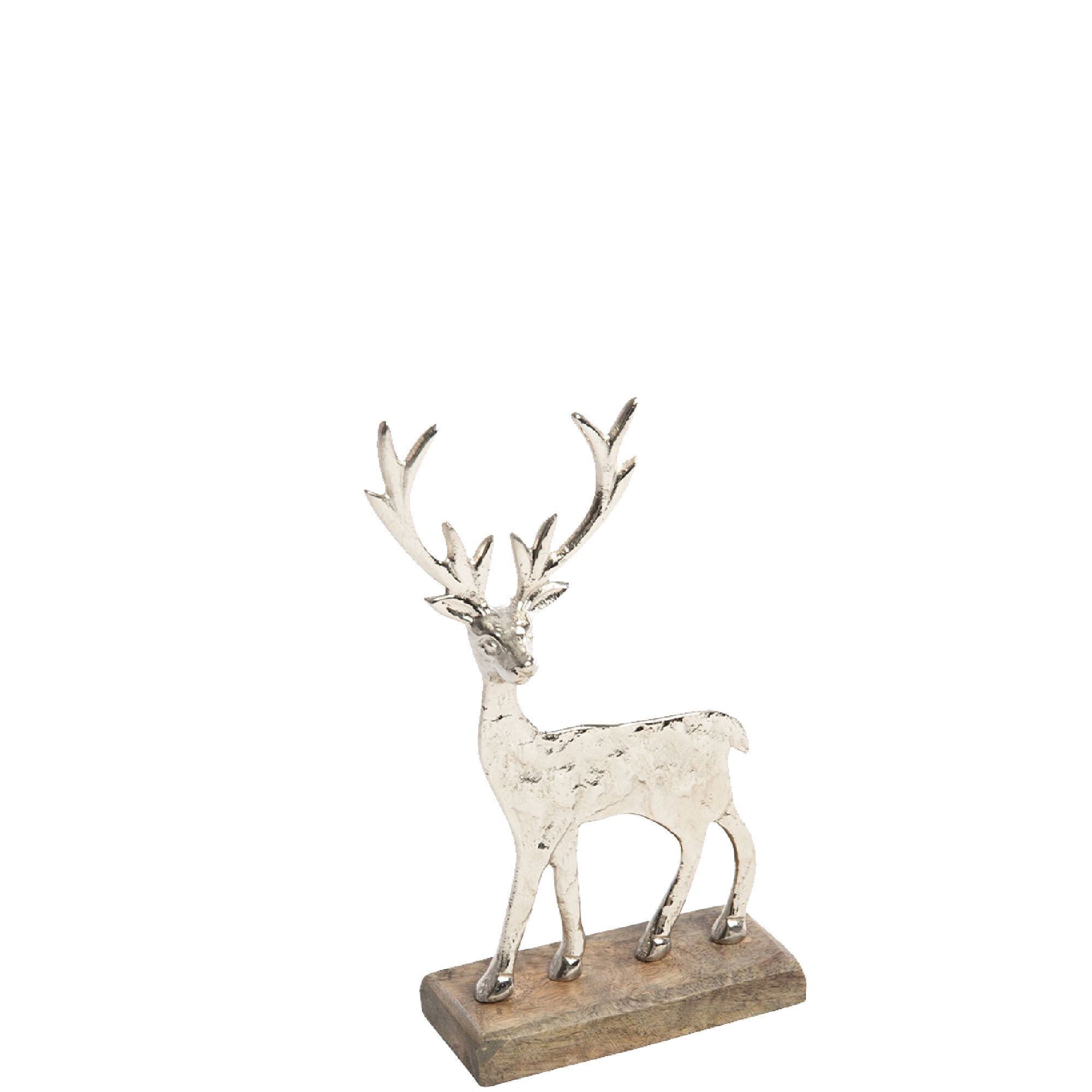 Metal deer Gela on wooden base, L8cm, W5cm, H17cm, silver