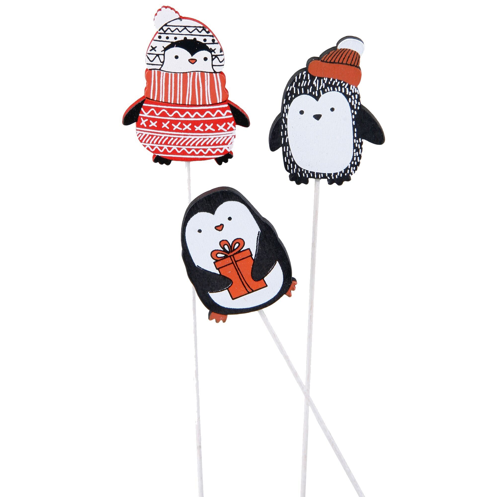 Pingouin en bois Fluffy, à coller, 3 motifs, H5cm, noir-blanc-rouge