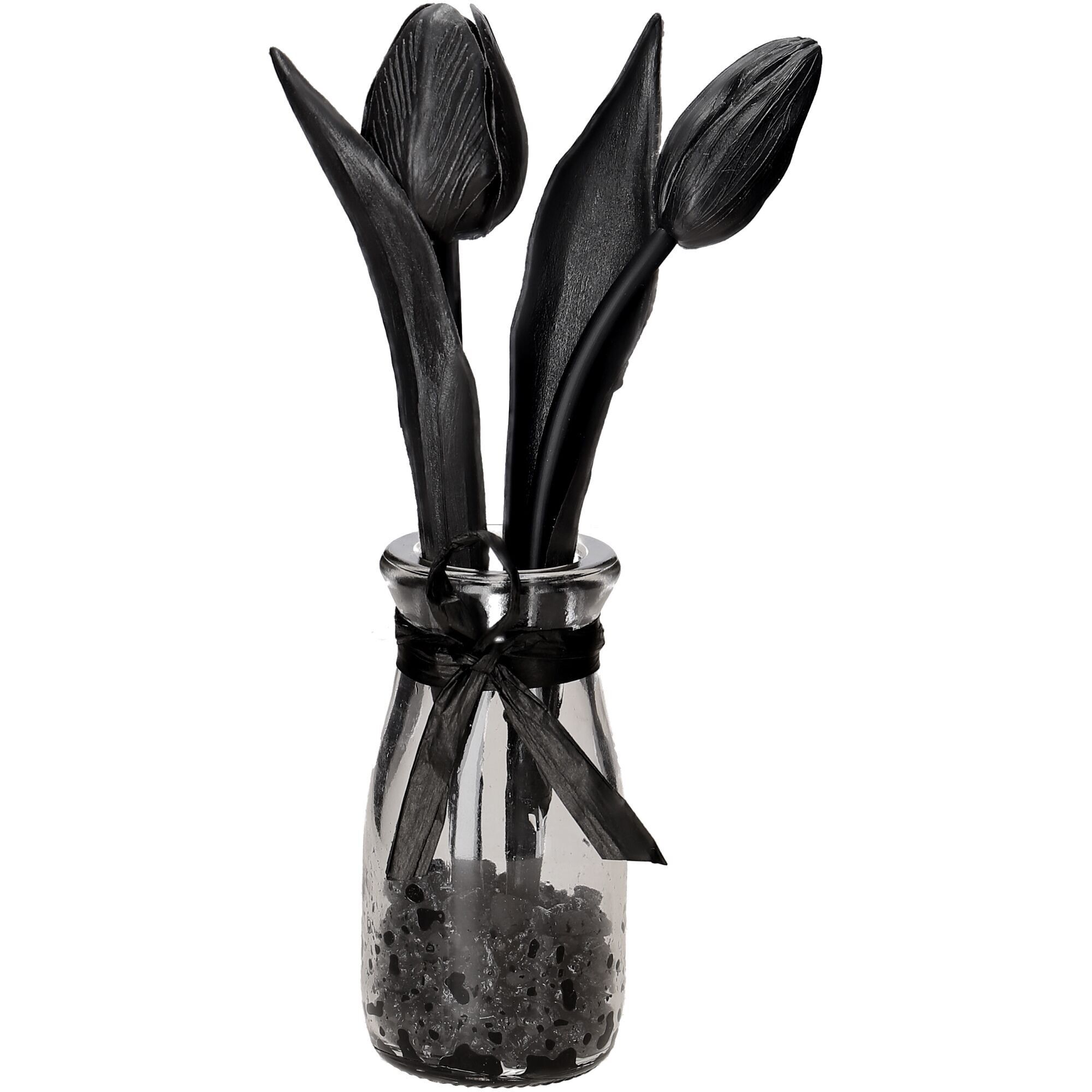 Tulpe Cami im Glas, 1 Blüte, 1 Knospe, H20cm, schwarz