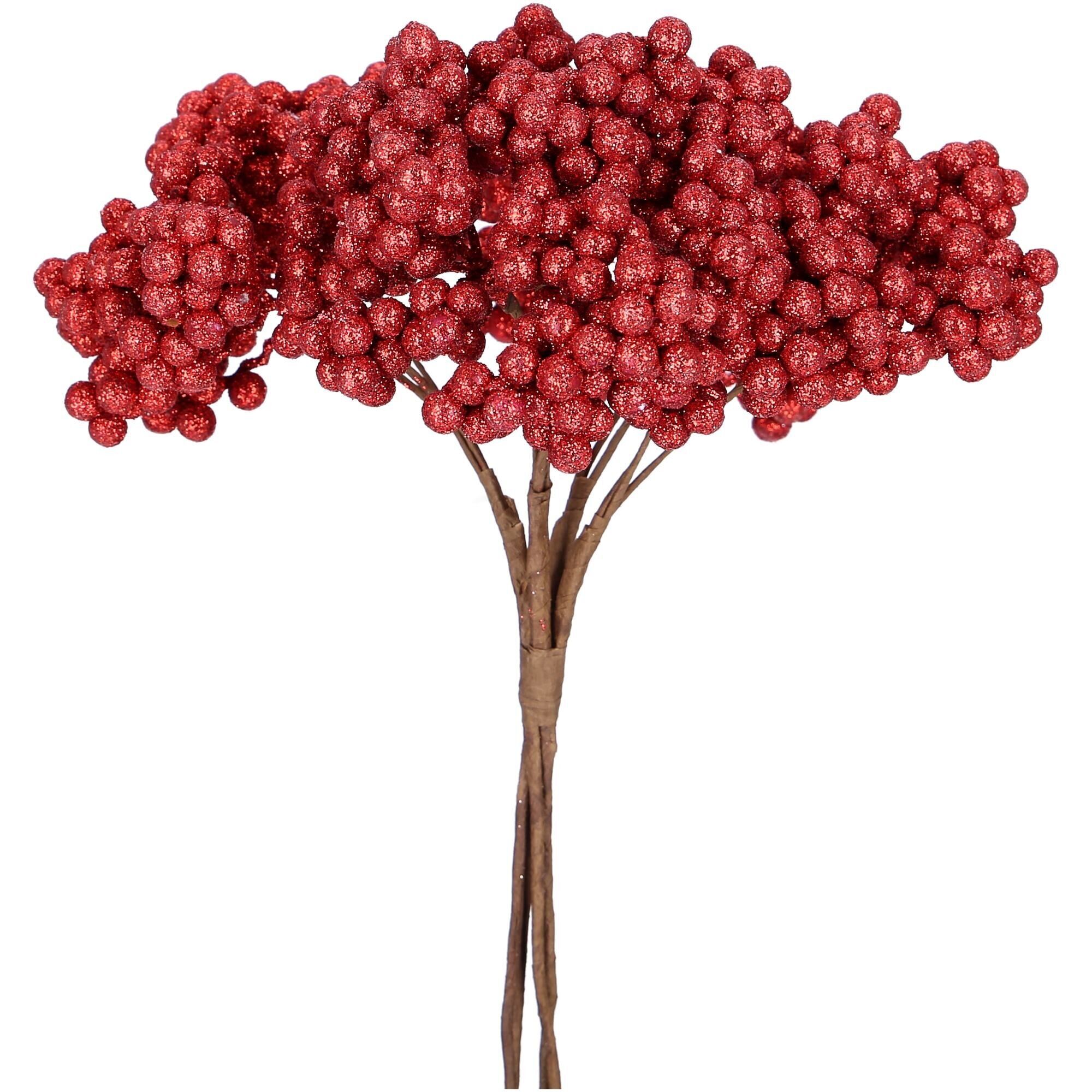 Berry branch Finn, 4 branches / bunch, L27cm, red glitter