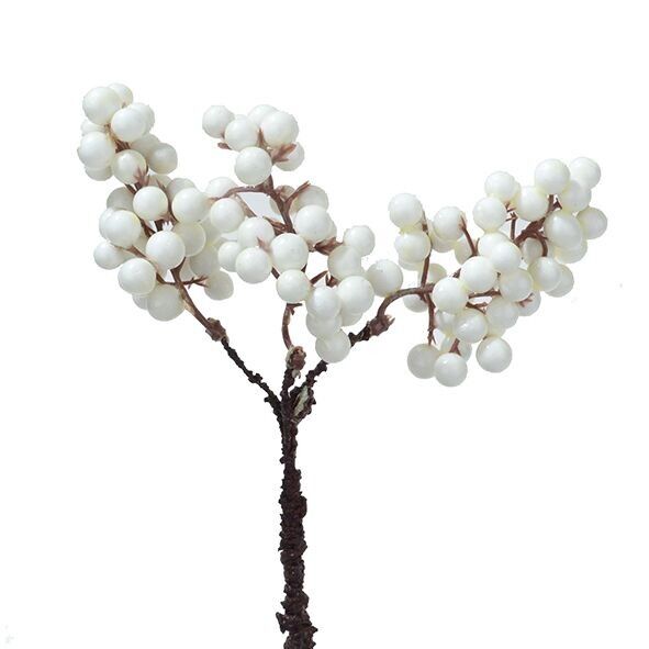 Pick di bacche in schiuma Lucky, 3 rami, 12 pezzi/scatola, L24 cm, bianco