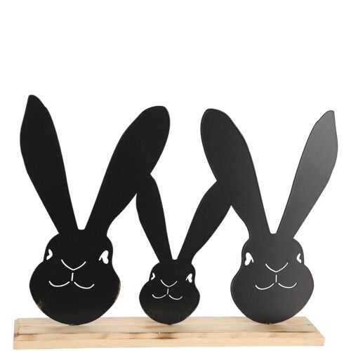 Metall Hasen Beate auf Holzfuß, L22cm, B4,5cm, H17cm, schwarz